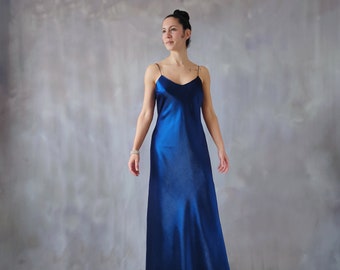 Long shiny blue slip dress, metallic blue satin slip dress, vintage sapphire blue prom dress, 90s prom dress, minimal summer evening gown