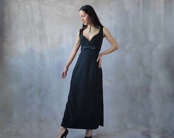 Vintage schwarzes Abendkleid plus Größe, Schwarzes dunkles kokettes Kleid mit Satinschleife, Vintage romantisches schwarzes Abendkleid extra groß - L/XL
