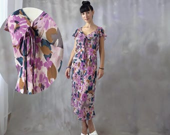 Vintage 2000er Jahre Floral Seide Midi Kleid: Y2K Bias Cut Cocktailkleid
