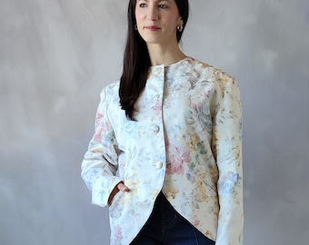 Vintage Floral Brocade Blazer: Pastel Satin Jacket, Size M