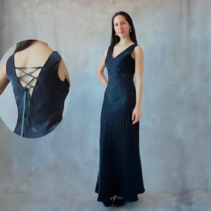 Vintage black evening gown, Vintage galactic beaded satin lace up back gown for graduation prom dress, Vintage black shiny formal gown -XS