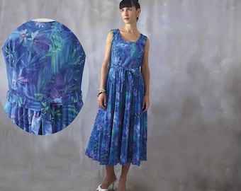 Vestido midi plisado floral de los años 70: vestido de cóctel vintage entallado y con vuelo