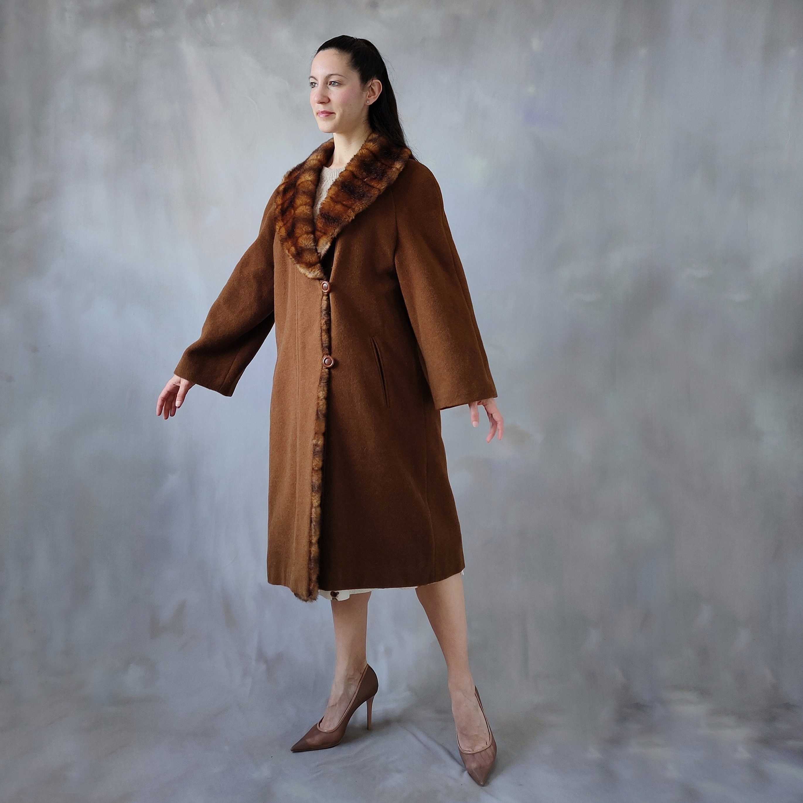 Faux Fur Mink Collar Copper Swing Coat, Brown Wool Coat Great