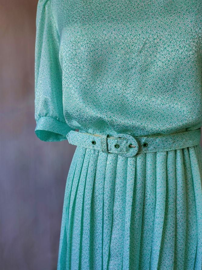 open lace back dress Yumi Mint Green Floral Pleated Long Sleeve Wrap Over Midi Dress main image 0