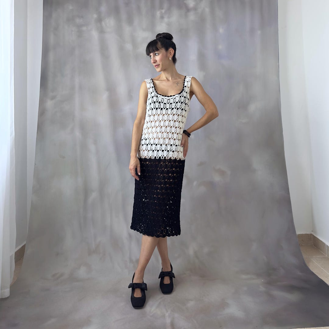 knit flapper dress Handwoven Crochet Dress: Black & White Vintage Knit sweater dress