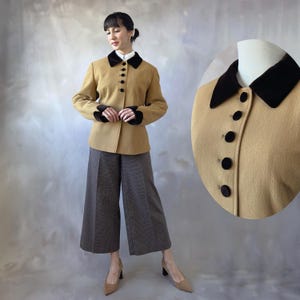 Vintage 1980s camel pure new wool women formal straight blazer jacket with dark brown velvet details - L