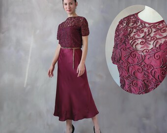 Vintage Beaded Burgundy Cocktail Dress: Satin Midi Formal Dress - XS