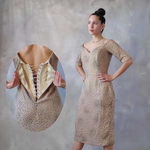 Vintage Amanda Thompson Couture Silk Corset Dress: Beaded Cocktail Midi - S/M