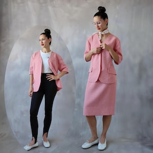 Vintage red mottled women skirt suit, 1970s tweed short sleeve jacket and midi skirt two piece set - L