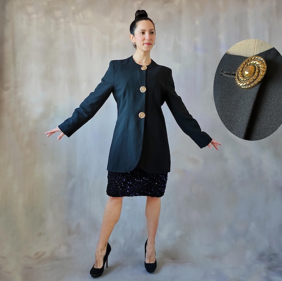 Vintage 80s Black Blazer: Elegant Jacket with Golden Buttons - Size L