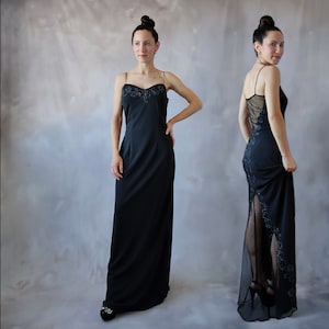 Vintage black embroidered sheer dress, 90s floor length beaded mesh back and train ball gown, 2000s bodycon evening gown sexy prom dress - S