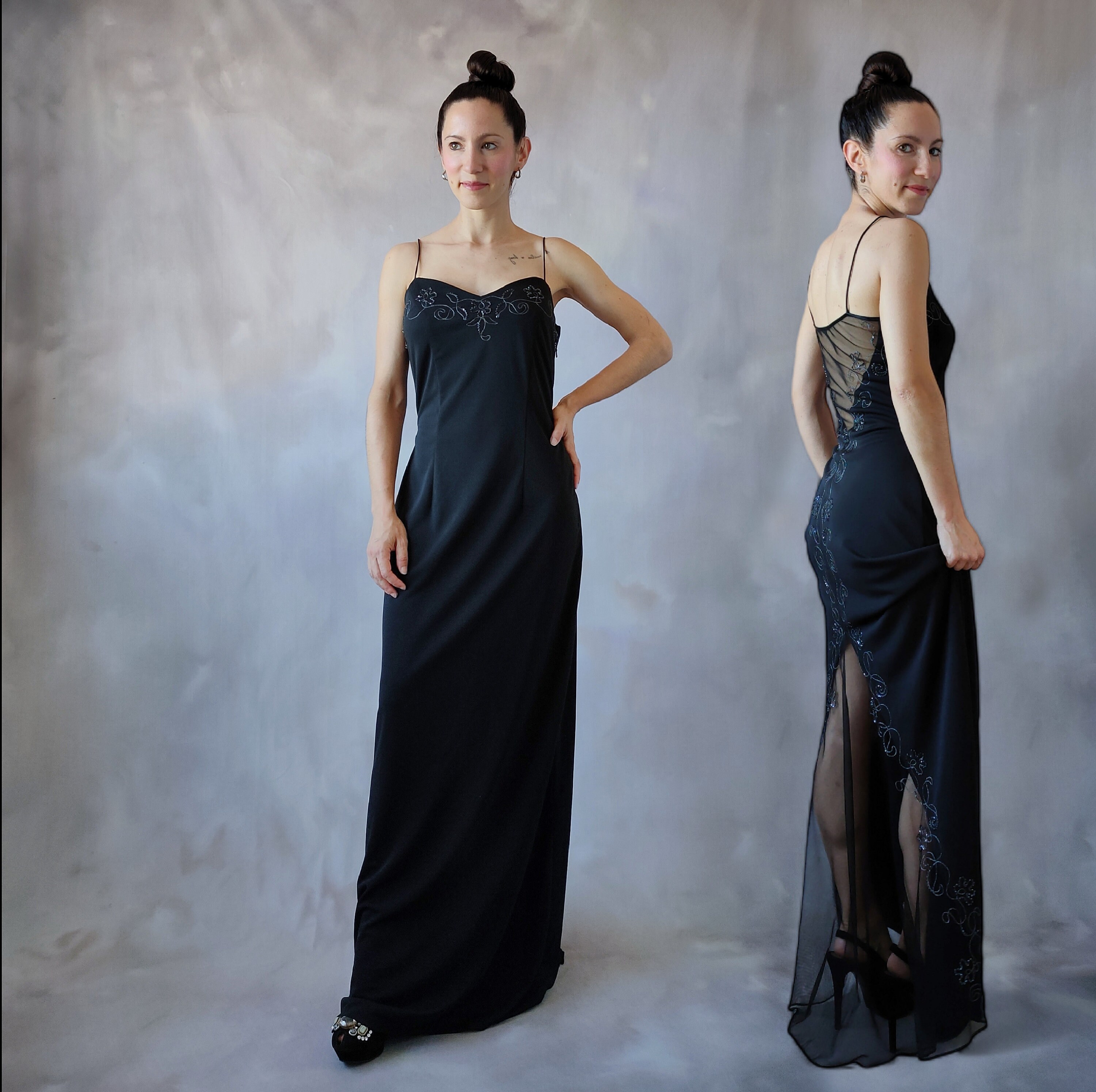 Vintage Black Embroidered Sheer Dress, 90s Floor Length Beaded  