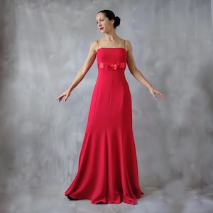 Vintage red trumpet ball gown with a ribbon bow, 90s coquette red party wedding guest dress, 90s red bridesmaid long formal evening dress -L