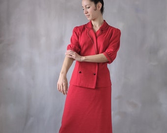 Ensemble Vintage 3 Pièces Tailleur Costume Années 60 Vert - Veste + Jupe Droite