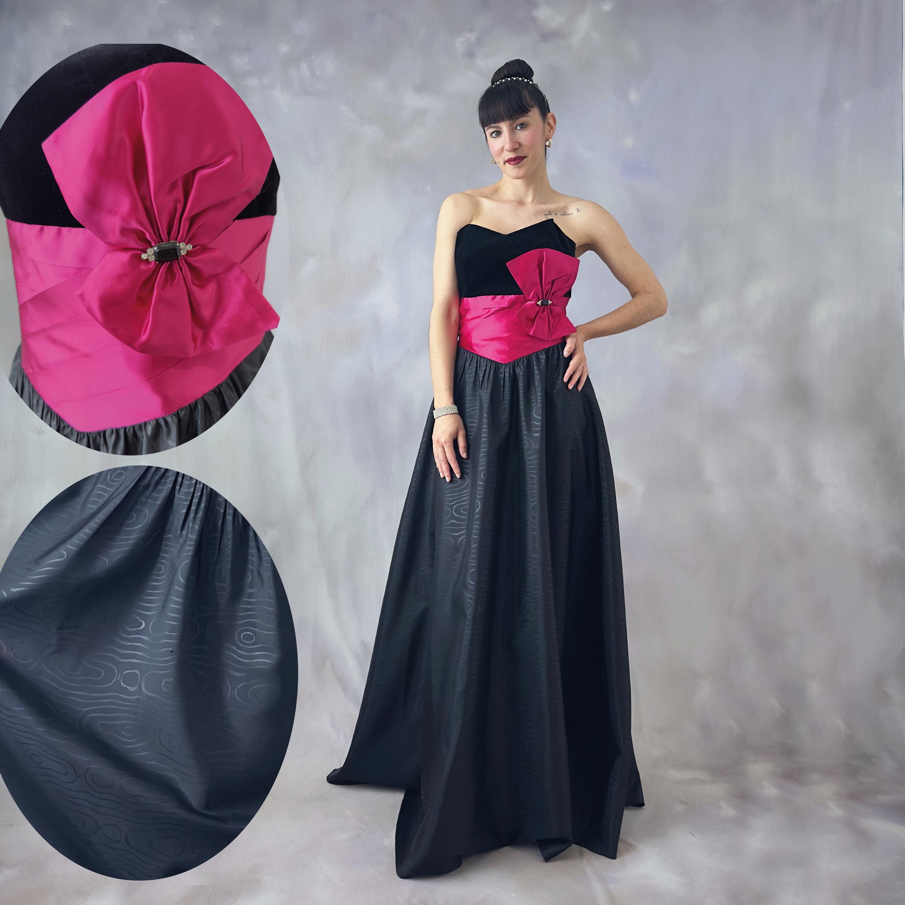 Vintage Black velvet ball gown with satin hot pink sash and coquette bow, Vintage 1980s formal satin fit and flare elegant evening dress - S