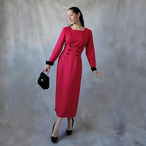 Vintage red unique cocktail dress, 40s style red long sleeve elegant midi dress, Vintage Black velvet  buttons sheath evening gown guest -XS
