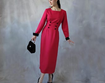 Vintage red unique cocktail dress, 40s style red long sleeve elegant midi dress, Vintage Black velvet  buttons sheath evening gown guest -XS