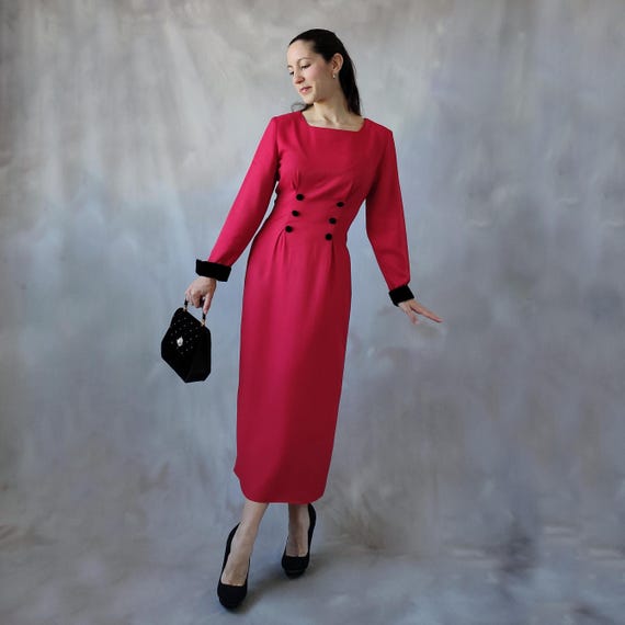 Vintage red unique cocktail dress, 40s style red long sleeve elegant midi  dress, Vintage Black velvet buttons sheath evening gown guest -XS
