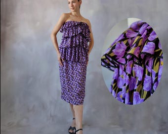 Vintage 80s Strapless Floral Dress: Ruffled Coquette Party Dress - M