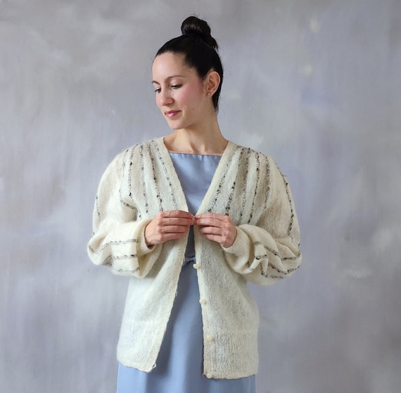 Vintage Shimmer Sweater Knitted Cardigan Vintage White Wool Bridal Sweater Cream Angora Sweater Vintage Knit Cardigan Vintage Jacket M Etsy