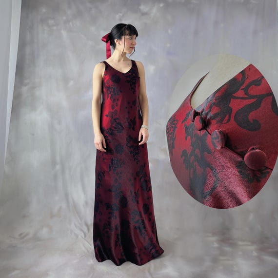 Vintage Burgundy Floral Evening Gown: Black Shimmer Oriental Dress - S -  Etsy Israel