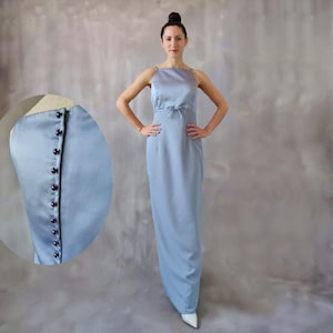 Vintage light blue minimalist ball gown, Vintage Audrey Hepburn elegant dress for a wedding guest, sleeveless buttoned gown - M