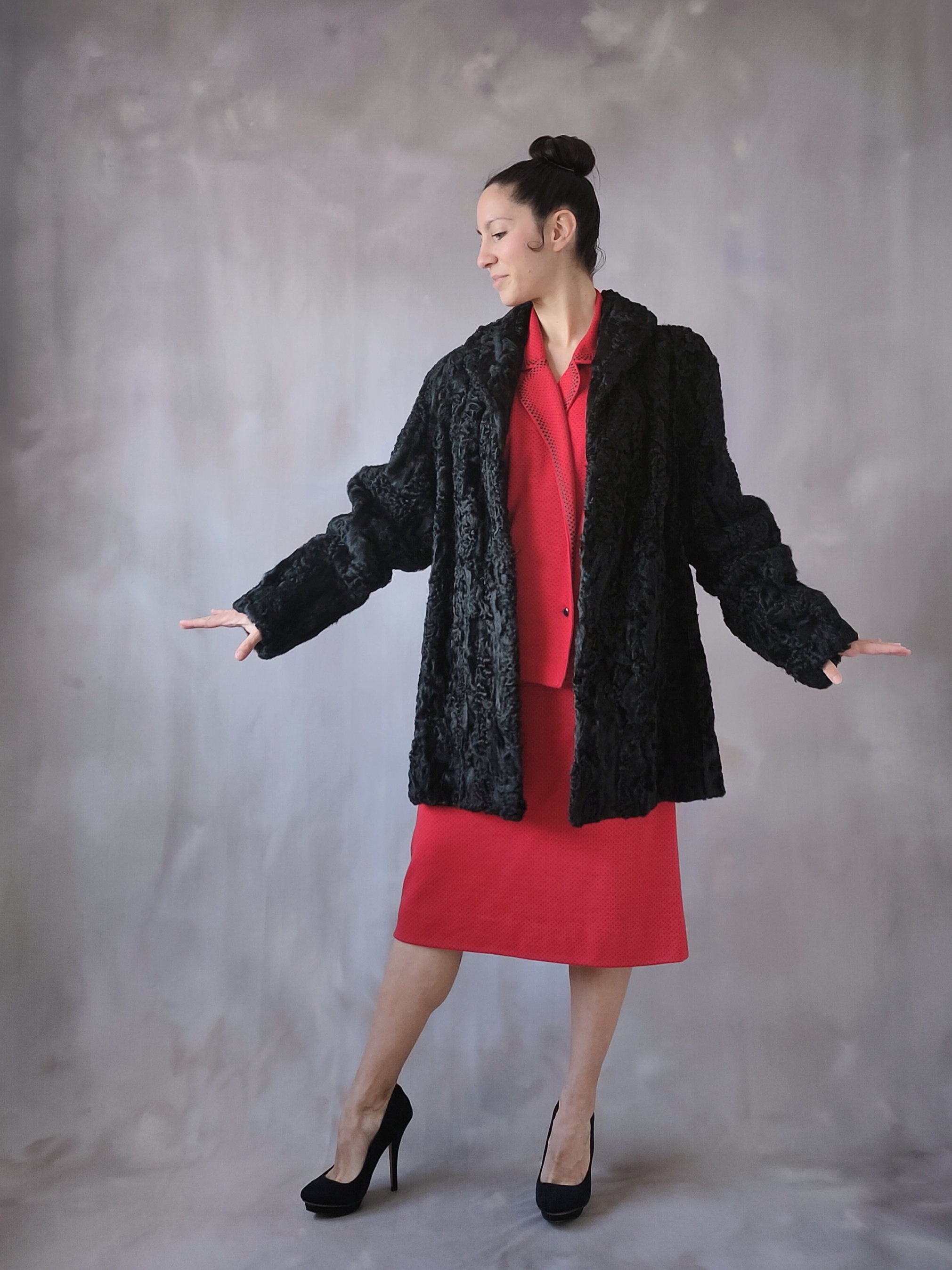 Vintage Red Wool Skirt Suit, 80s Black Polka Dot Literary