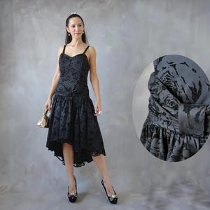 Vintage black velvet party dress, Vintage floral dark coquette elegant dress, 80s black glitter devore velvet unique holiday dress - M