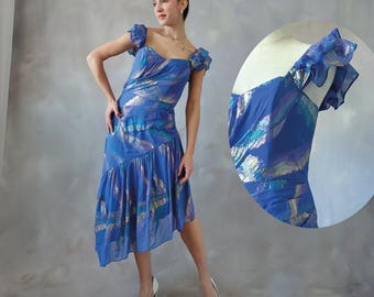 Vintage Shoshanna Blue Silk Midi Dress: Shimmering Ruffle Cocktail Dress - S