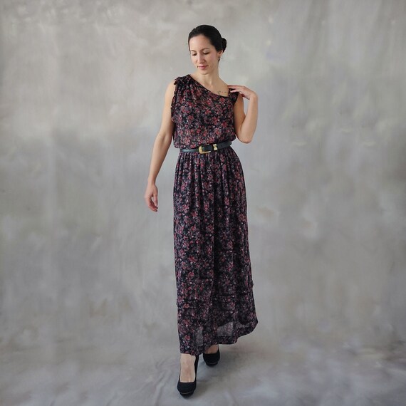 Black floral chiffon long dress black maxi dress boho gauze petite dress vintage 70s black summer dress long sheer dress spring dress