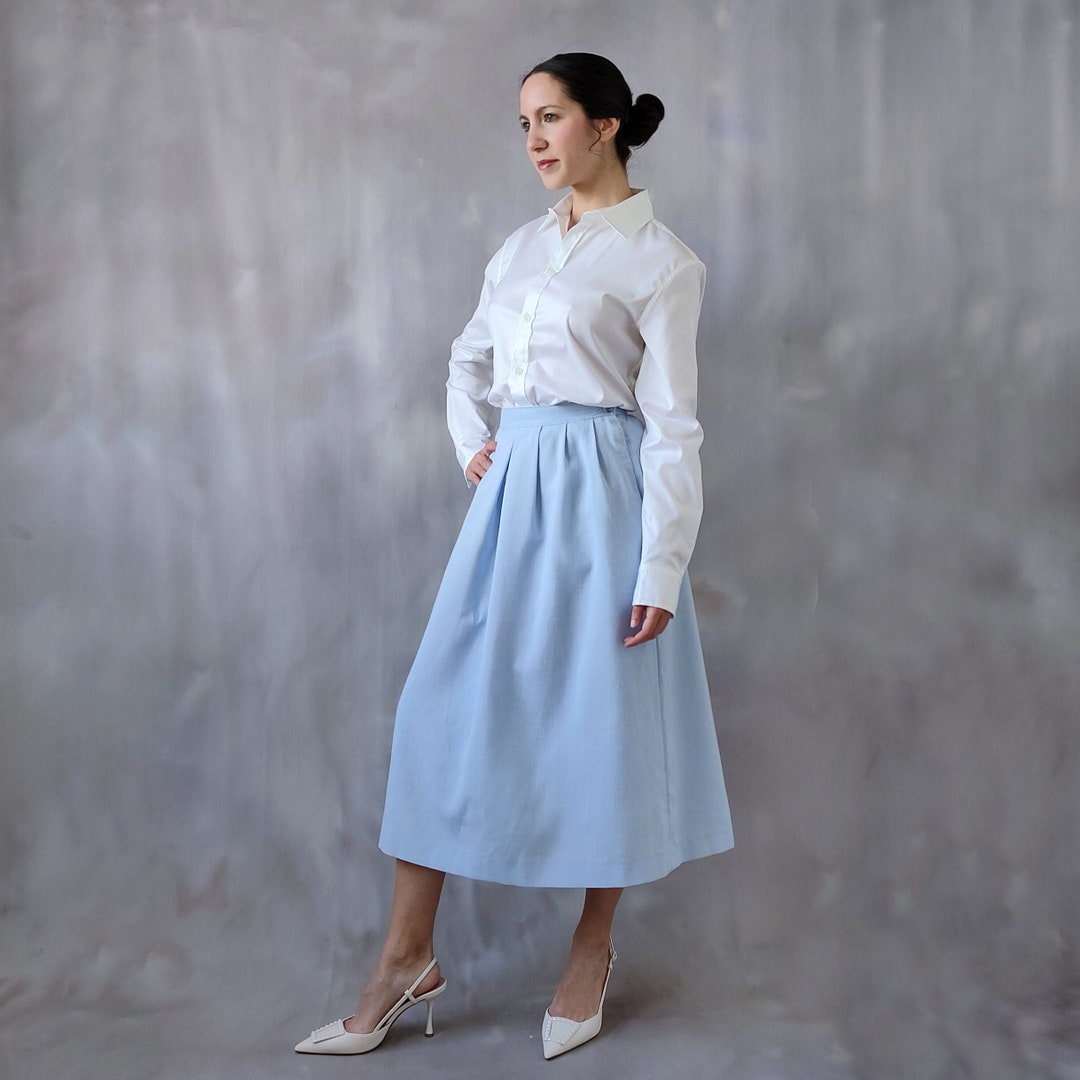 Vintage Light Blue Linen Midi Skirt: 80s Pleated Coquette Style