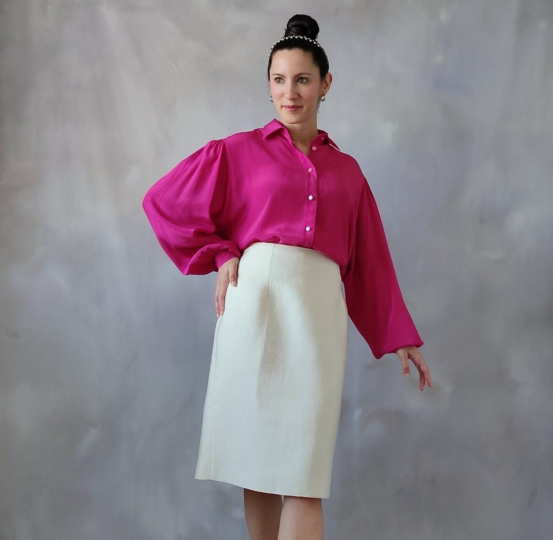 Vintage Silk Knee Length Skirt: Ivory Champagne High-waisted Size M