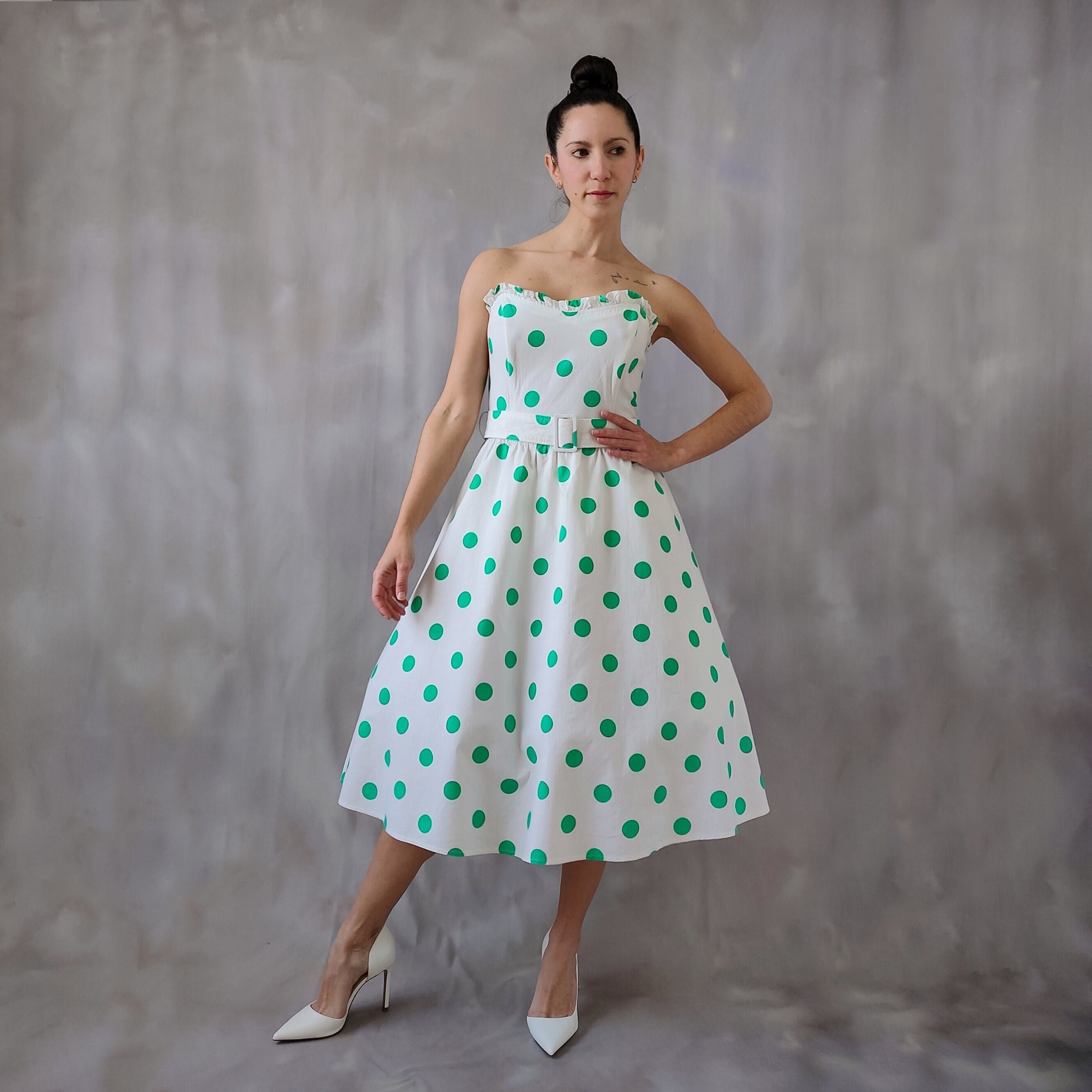 Robe Trapèze Vintage Années 50 - Motif à Pois, Manches Courtes - Idéale Pour Soirées Et Cocktails