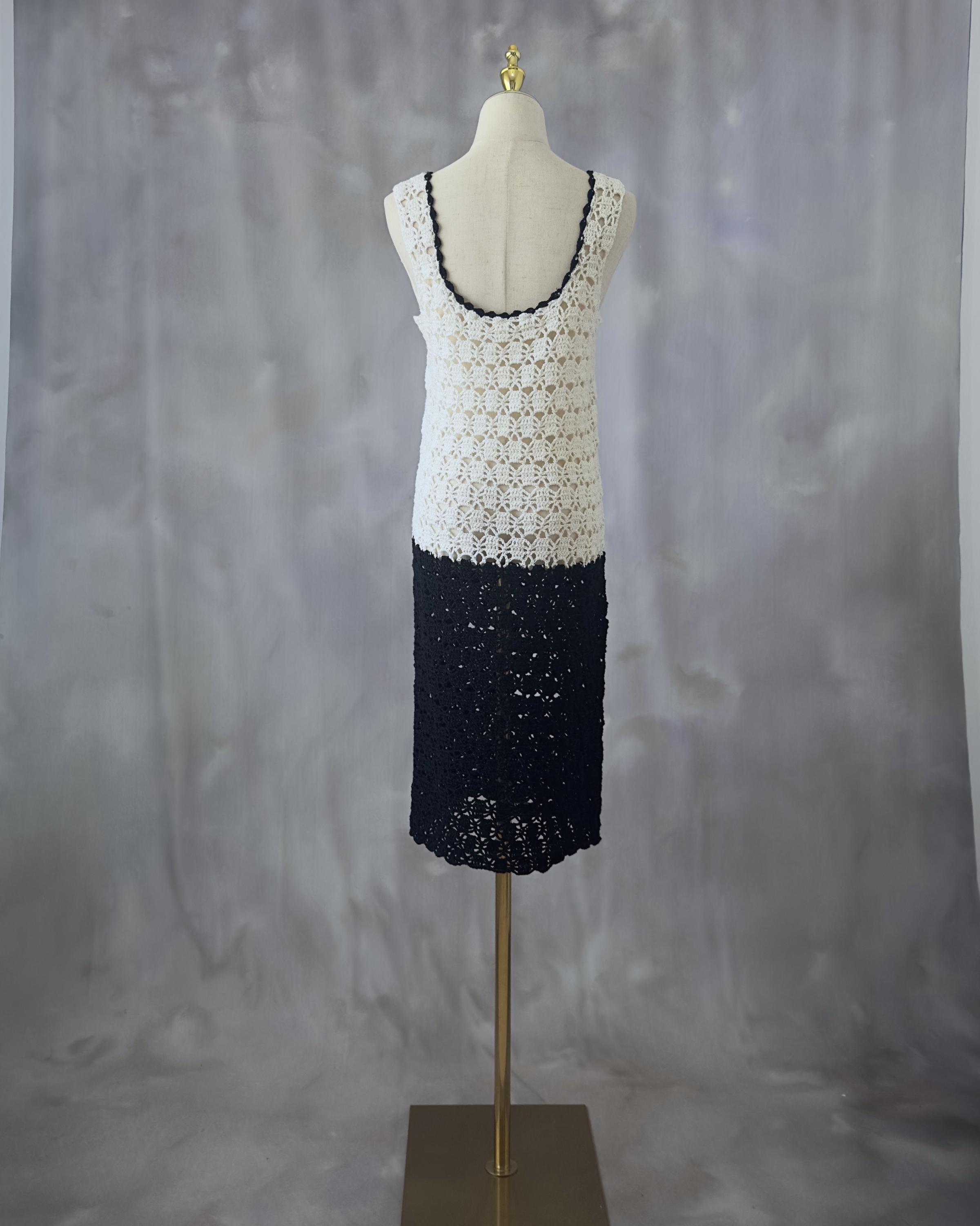 knit flapper dress Handwoven Crochet Dress: Black & White Vintage - S/M Applique Dress