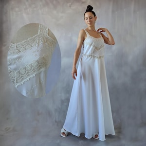 Vintage 70s White Lace Bridal Nightgown - Embroidered Rayon Lingerie, Size S