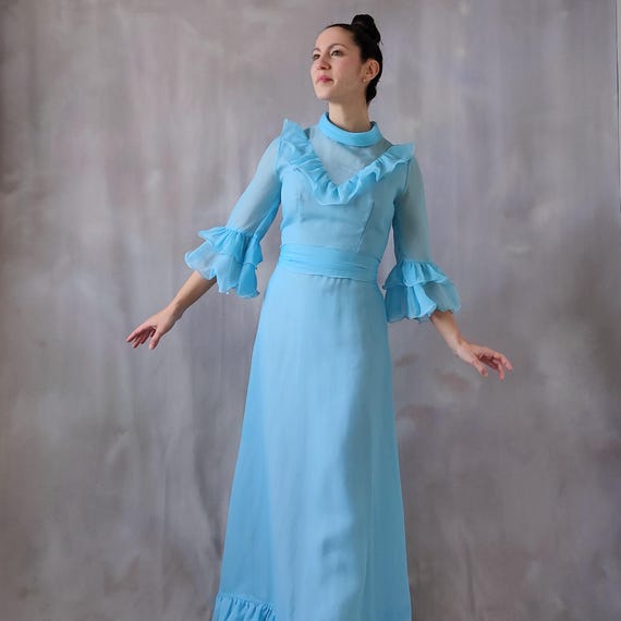 Vintage Light Blue Ruffled Maxi Dress Ball Gown, 1970s Blue Long  