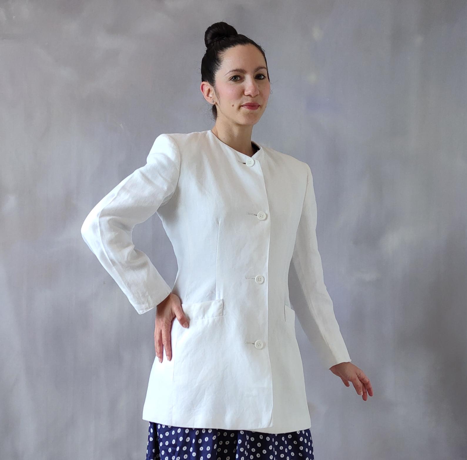 Vintage White Max Mara Linen Jacket Women, 80s Max Mara