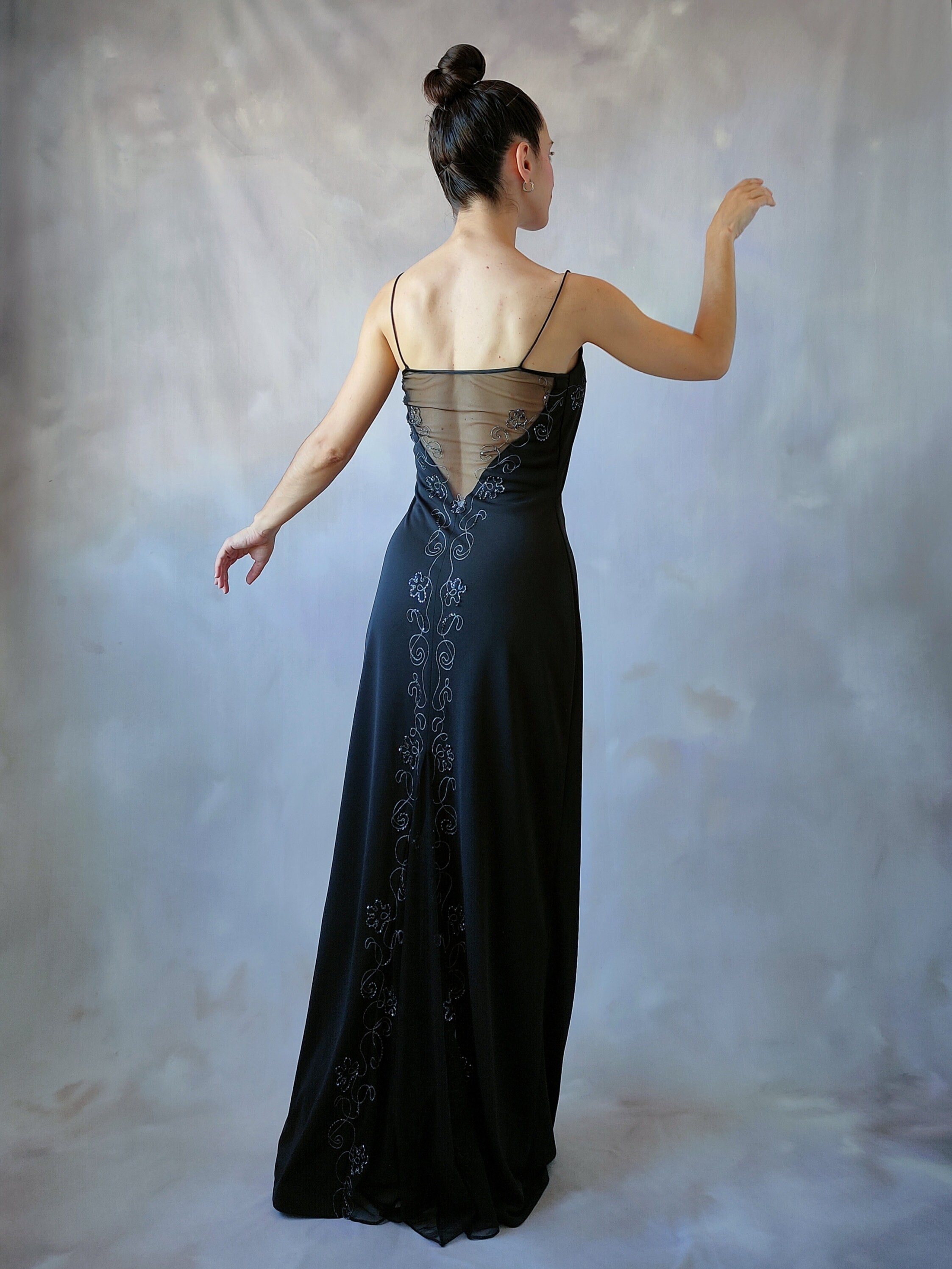 Vintage Black Embroidered Sheer Dress, 90s Floor Length Beaded  