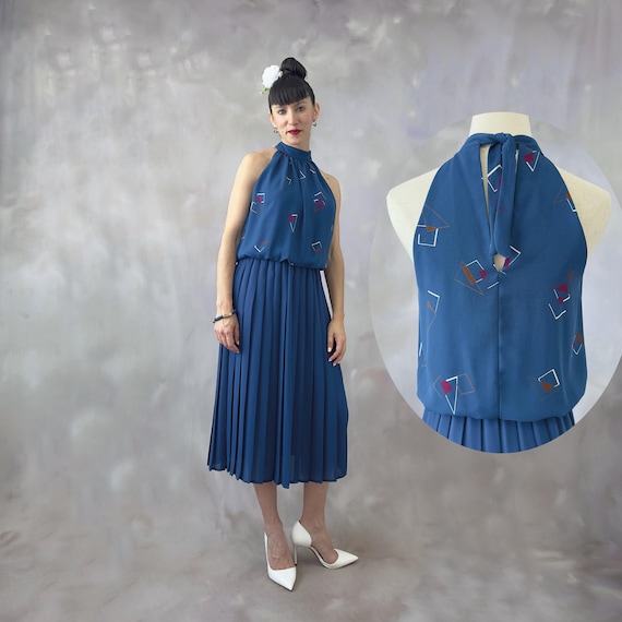 Vintage Teal Blue Pleated Midi Dress, Vintage 70s Elegant Blue Halter Neck  Flowy Cocktail Dress With Abstract Print, Formal Guest Dress - S - Etsy  Israel