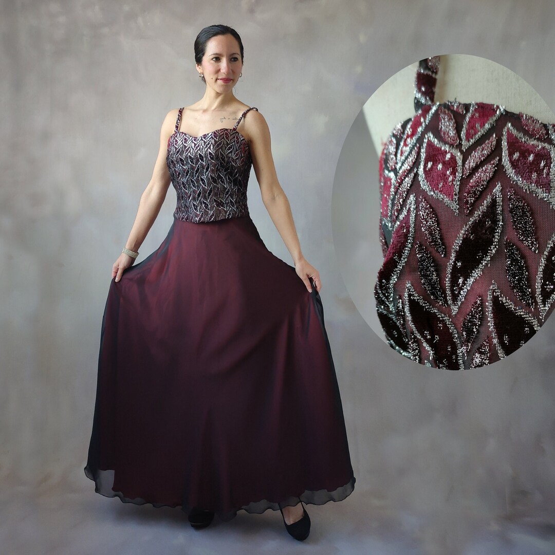 Burgundy Chiffon Slit Formal Evening Gown, Long Party Prom Dress