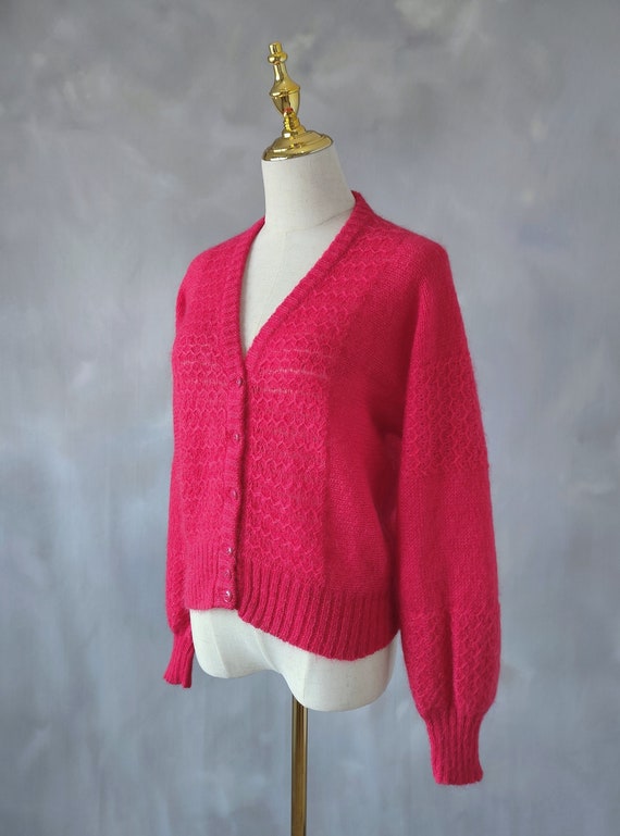 Ruby red wool cardigan, pink knitwear angora swea… - image 8