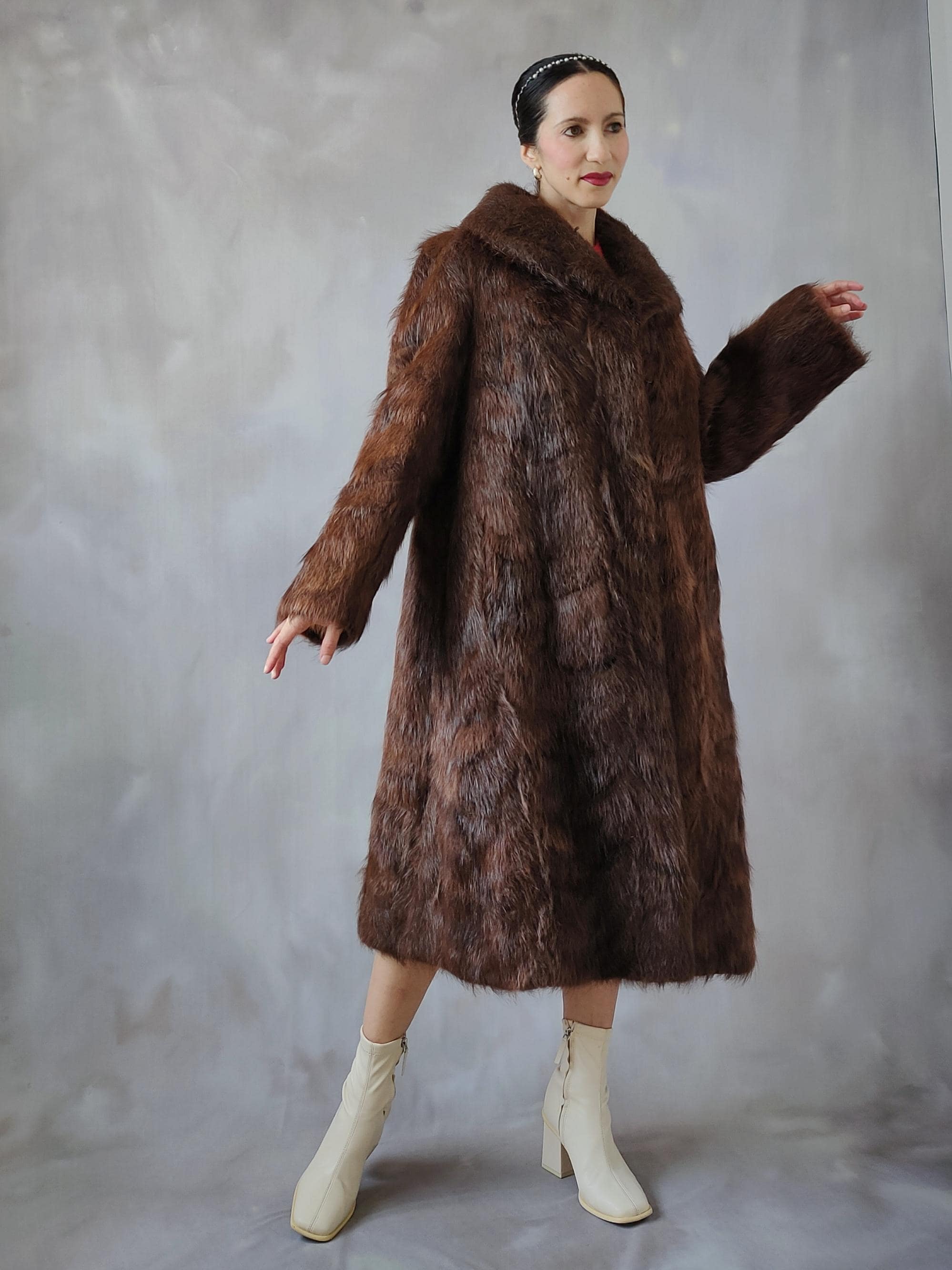 1950s末～60s初め　ヴィンテージ　オーダーメイド　ロングコート　ブラウン Vintage Brown A Line Long Fur Coat, Vintage Warm Beaver Midi