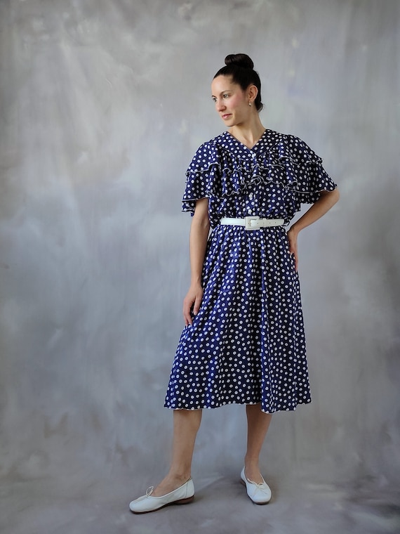 Vintage navy blue midi dress, 70s 80s ruffled white polka dot nautical cocktail dress, Vintage buttoned blue maritime summer resort dress -M Vintage navy blue midi dress, 70s 80s ruffled white polka dot nautical cocktail dress, Vintage buttoned blue maritime summer resort dress -M