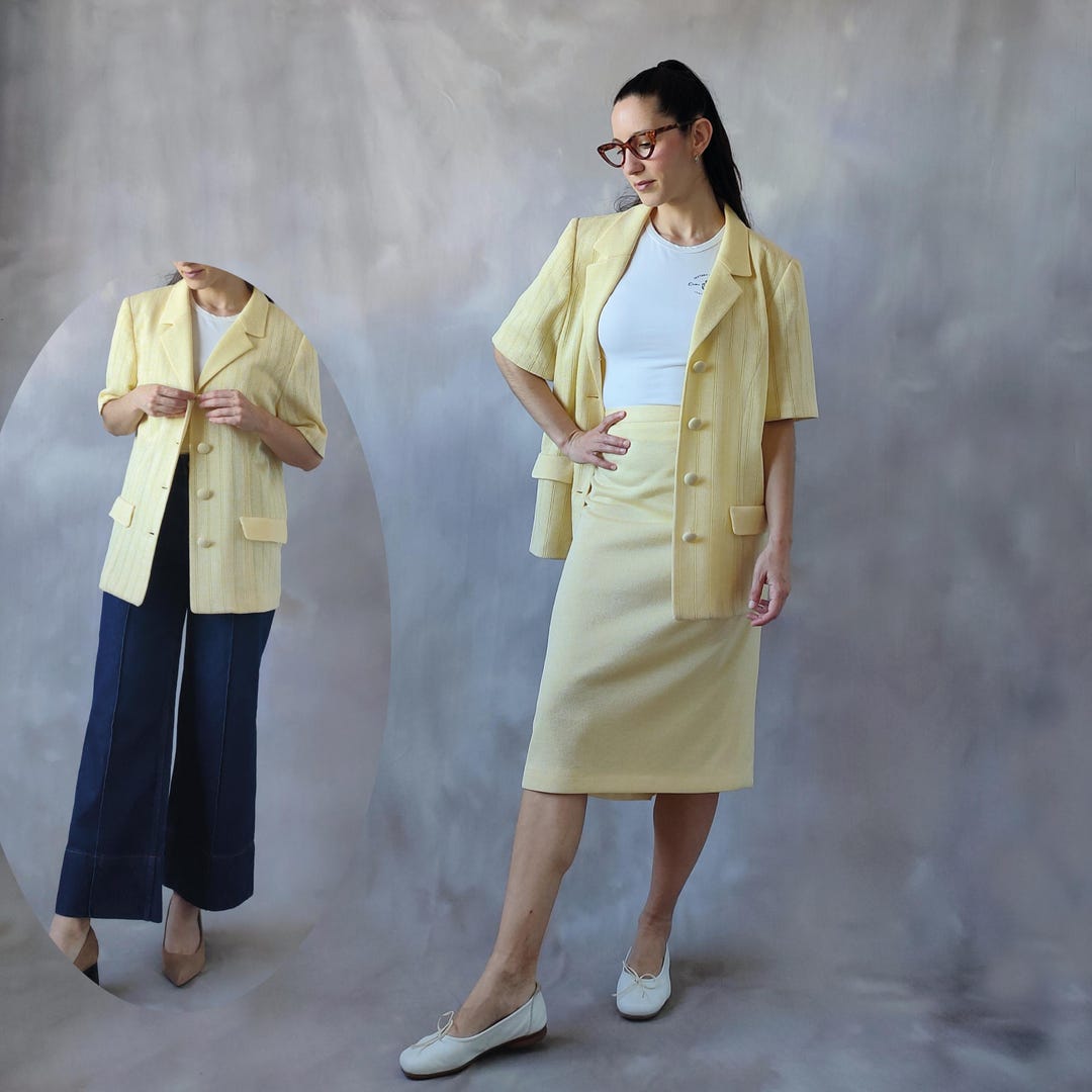 Completo gonna primaverile classico in maglia giallo pastello