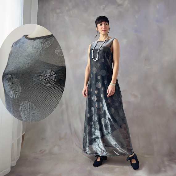 90s silver dress 90s/Y2k Silver/gold metallic silk empire waist dress