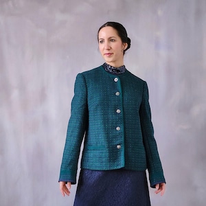 Vintage teal pure wool jacket, 80s chanel style classic green tweed jacket, vintage blue old money office  suit straight womens blazer - S/M