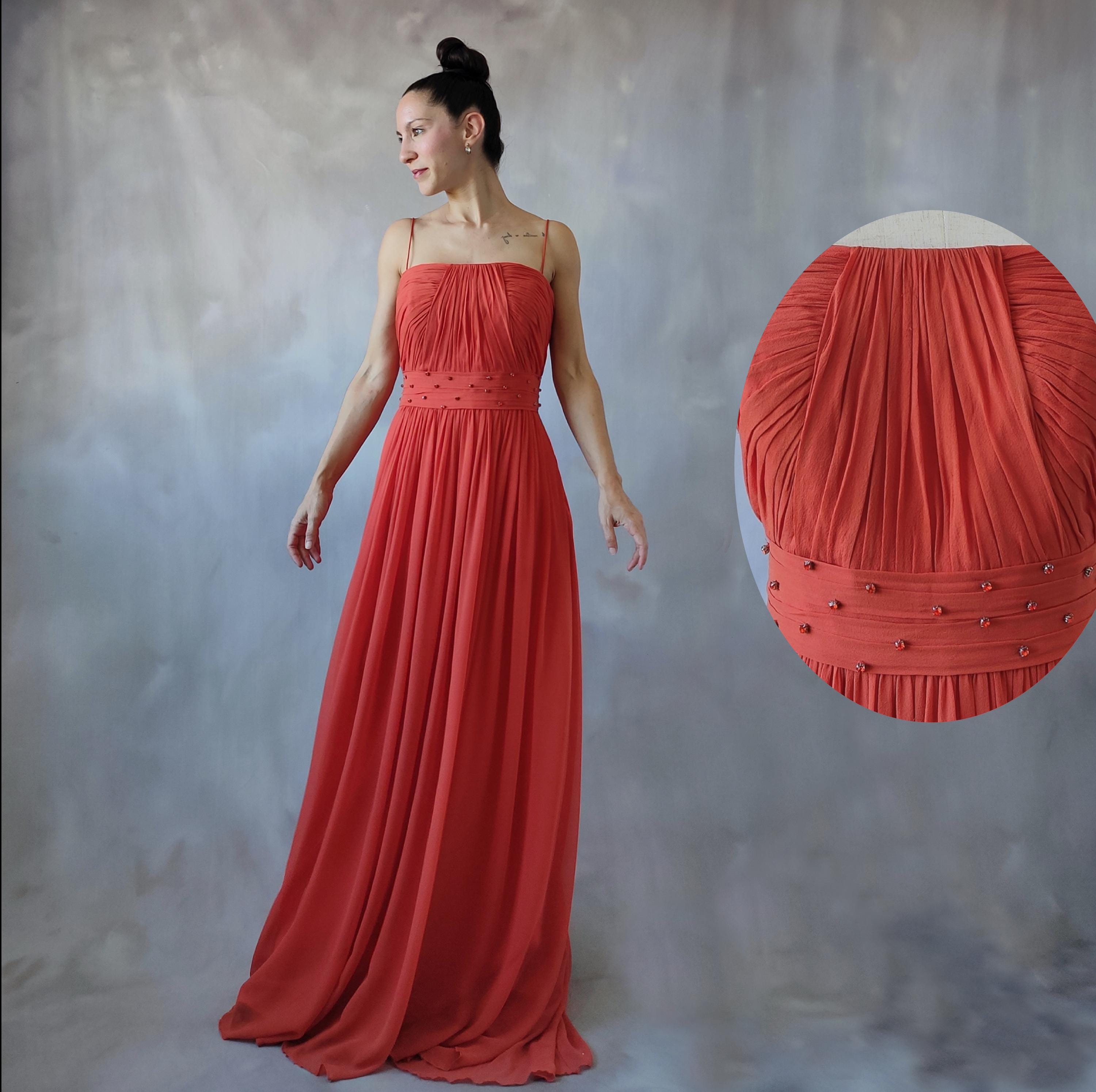 adolfo dominguez evening dresses Vintage Adolfo Domínguez Red Silk Gown: Draped Rhinestone Evening Dress - M