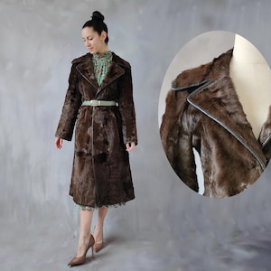 Vintage 70s Brown fur coat, 70s cowhide long leather coat, women fur trench coat, fur overcoat