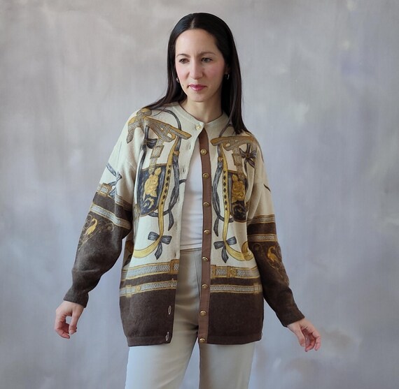 Vintage Cashmere and Angora Wool Equestrian Style Cardigan Preloved Scarf Print Old Money Aesthetic Sweater Dressy Elegant Knitwear M Etsy