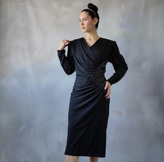 Vintage 80s Black Sequin Cocktail Dress: Embroidered Wrap Midi - S/M